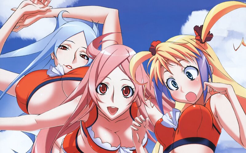 three anime girls in swimsuits
