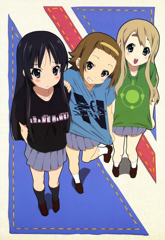 three anime girls in t-shirts