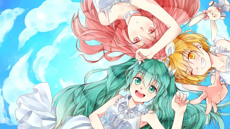 three anime girls in the sky