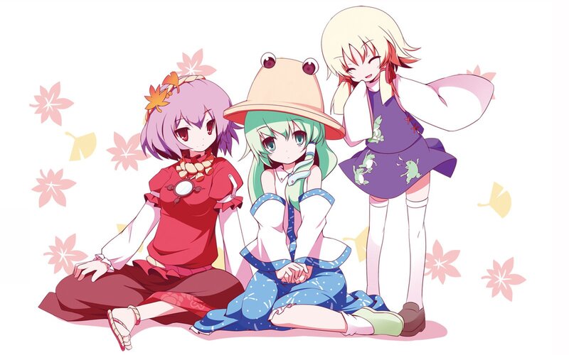 three anime girls in traditional clothes
