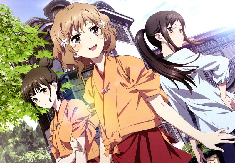 Three Anime Girls in Traditional Clothing — Orange