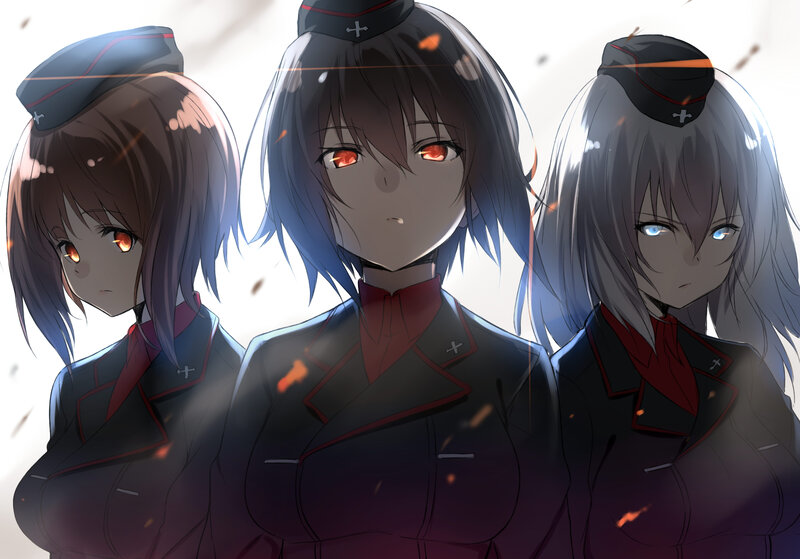 Three Anime Girls in Uniform — Black, Dramatic, Uniforms