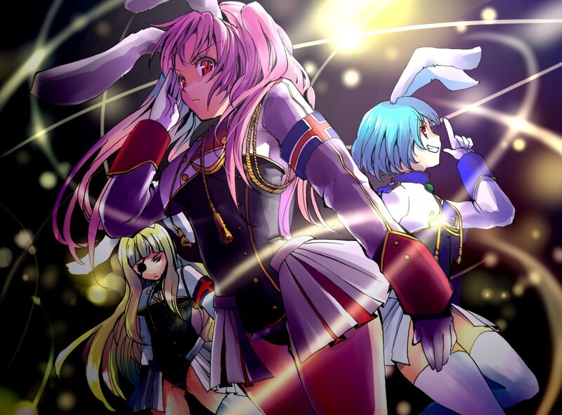 Three Anime Girls in Uniform — Purple, Dramatic, Night, Bunny Ears