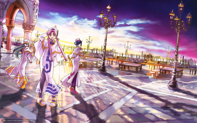 Three Anime Girls in Uniform — Purple, Dramatic, Sunset
