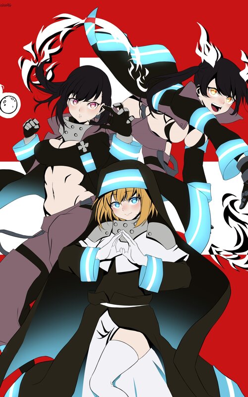 Three Anime Girls in Uniform — Red