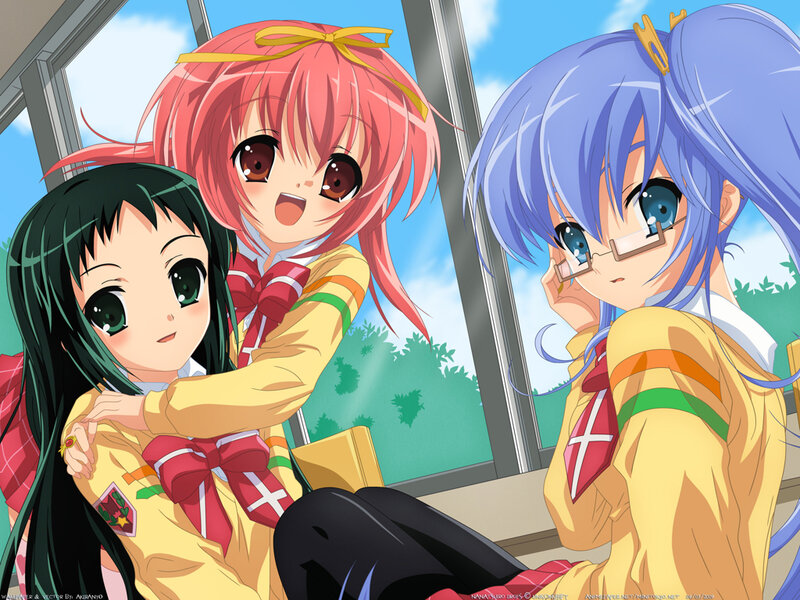 Three Anime Girls in Uniform — Yellow, Cheerful