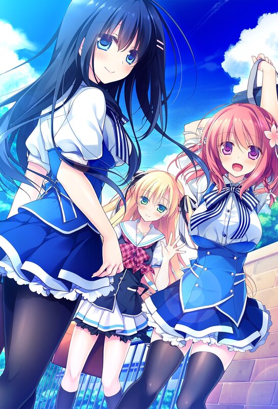 Three Anime Girls in Uniforms — Blue, Bright