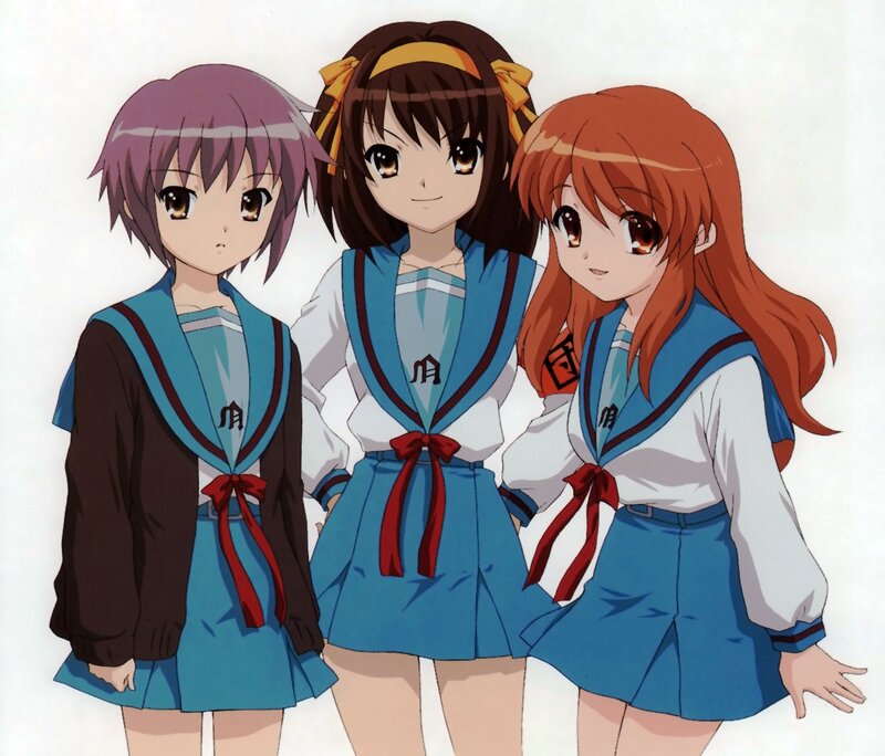Three Anime Girls in Uniforms — Blue, Calm