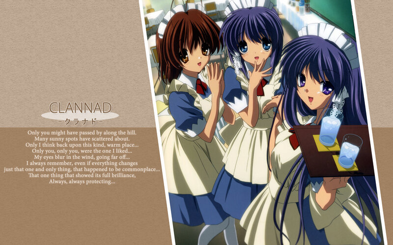 Three Anime Girls in Uniforms — Blue, Cheerful, Maid Outfits