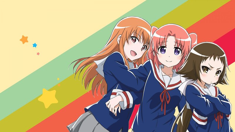 Three Anime Girls in Uniforms — Blue, Cheerful, School Uniform, Stars