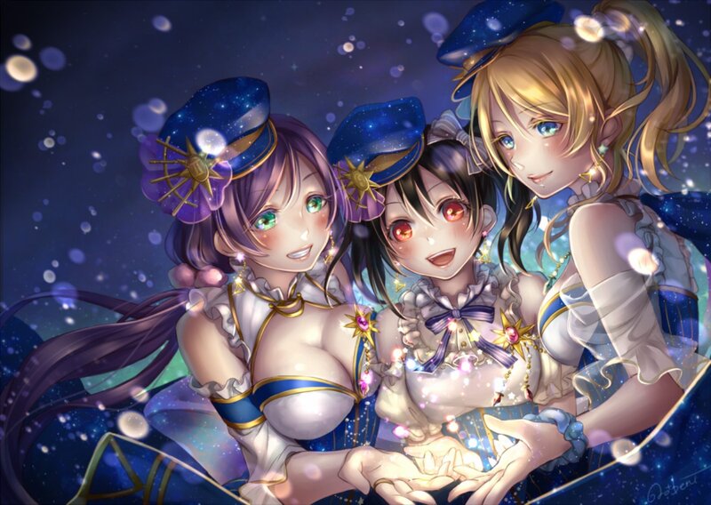 Three Anime Girls in Uniforms — Blue, Dreamy