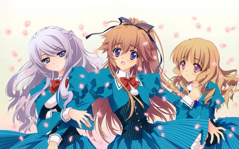 Three Anime Girls in Uniforms — Blue, Peaceful, Spring