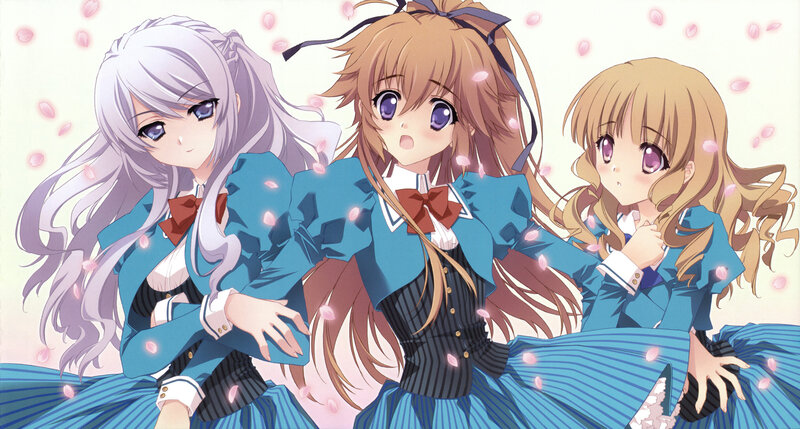 Three Anime Girls in Uniforms — Blue, Peaceful