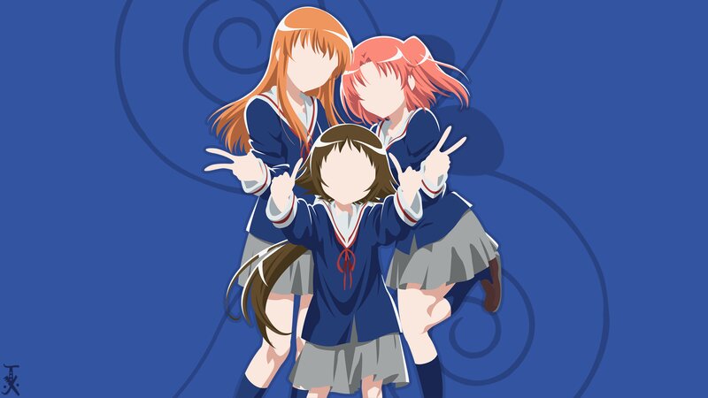 Three Anime Girls in Uniforms — Blue, Playful, School Uniform, Peace Sign