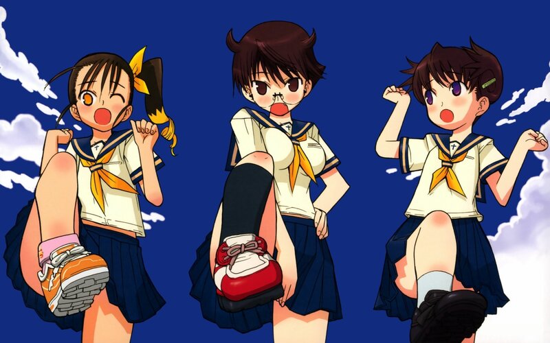 Three Anime Girls in Uniforms — Blue, Playful, School Uniform, Skirt