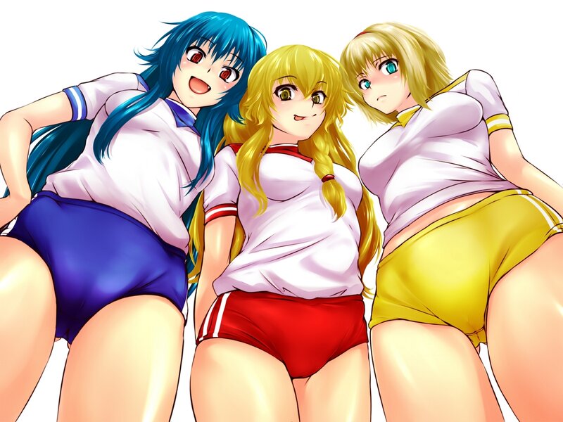Three Anime Girls in Uniforms — Blue, Playful