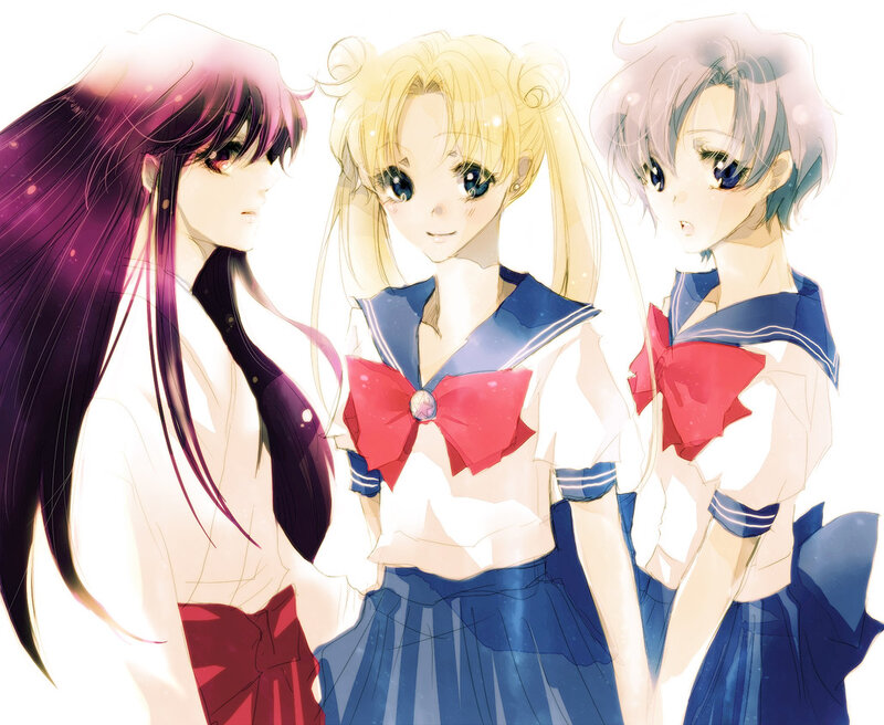 Three Anime Girls in Uniforms — Blue, Serene