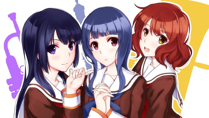 Three Anime Girls in Uniforms — Brown, Cheerful