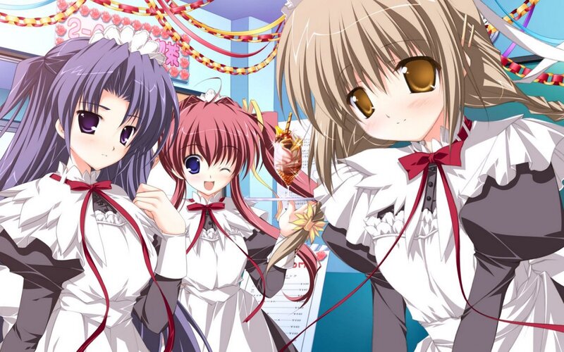 Three Anime Girls in Uniforms — White, Cheerful