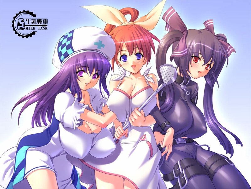 Three anime girls in varied outfits