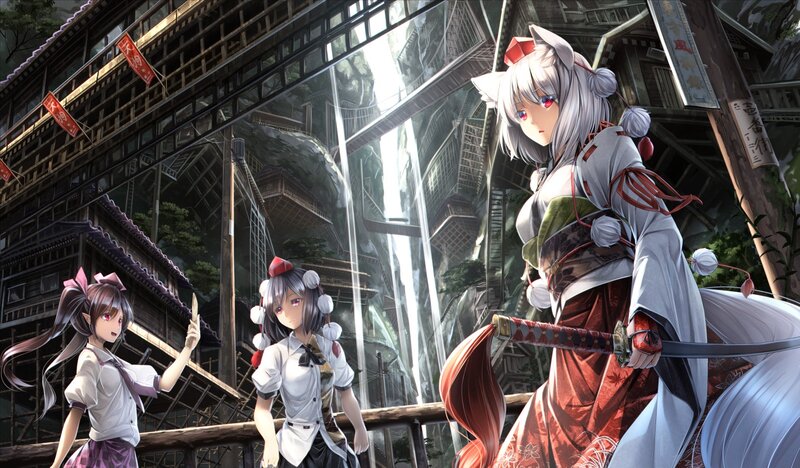 Three Anime Girls in Village