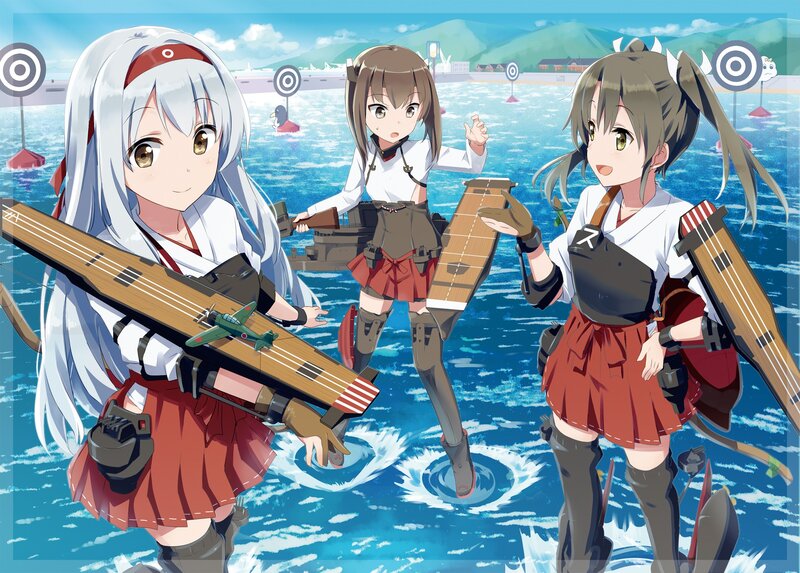Three Anime Girls in Water — Blue, Playful