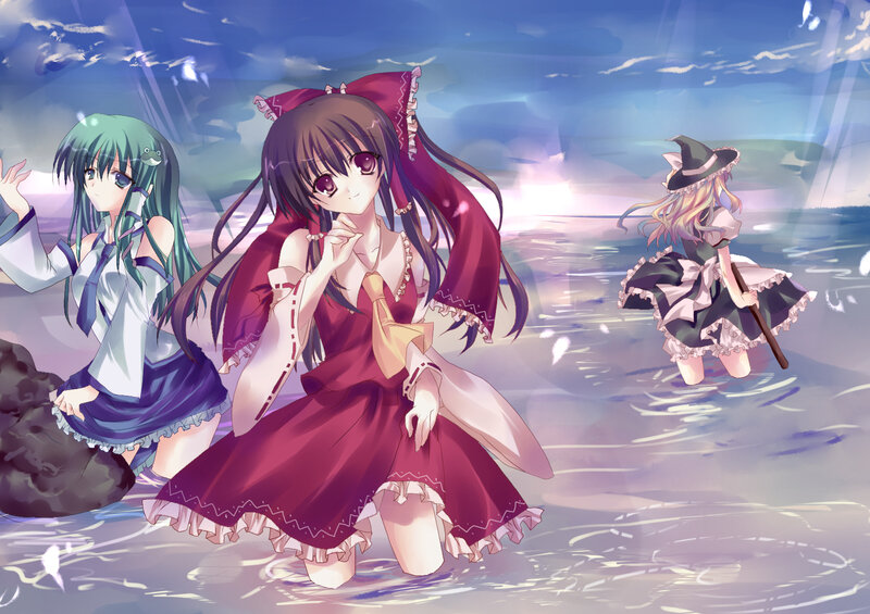 Three Anime Girls in Water — Blue, Serene
