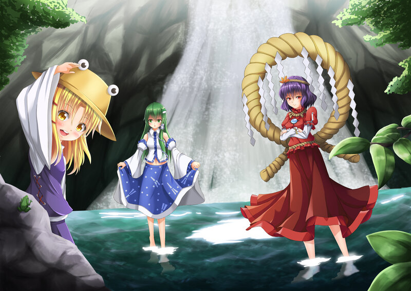 Three Anime Girls in Waterfall