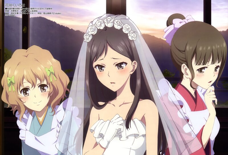 Three Anime Girls in Wedding Attire — White, Dramatic
