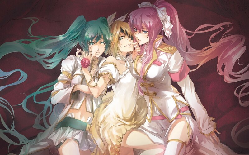 Three anime girls in white dresses