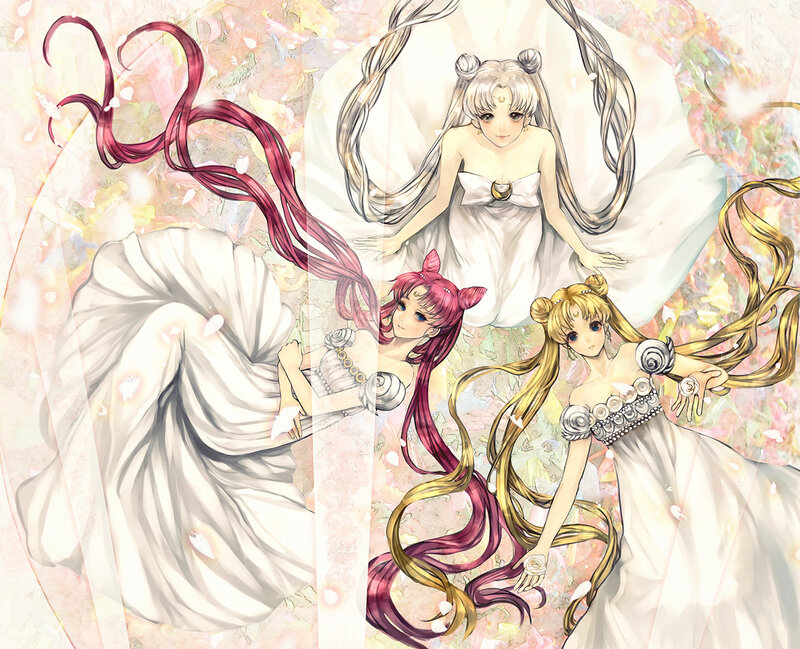 Three Anime Girls in White Dresses — Serene