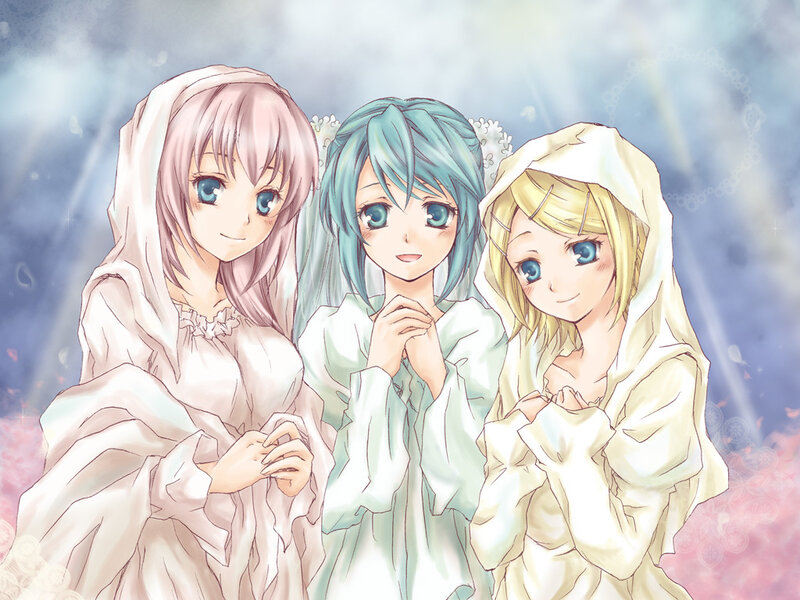 three anime girls in white robes