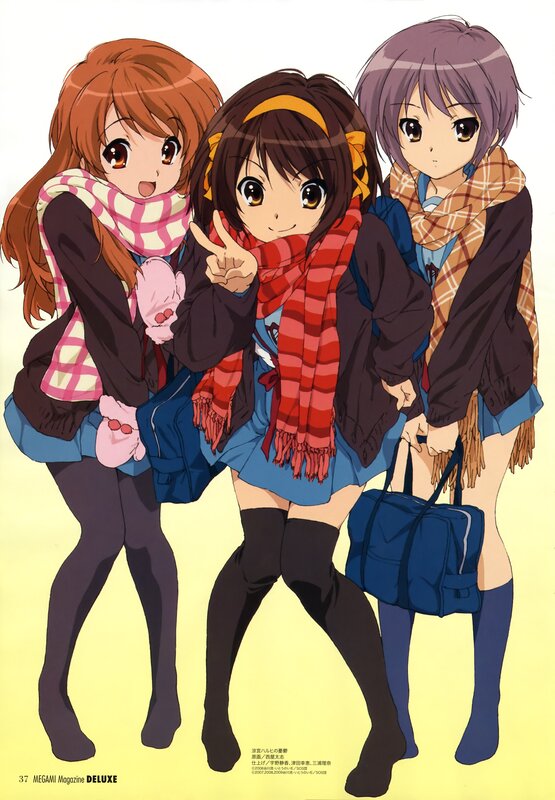 three anime girls in winter clothes
