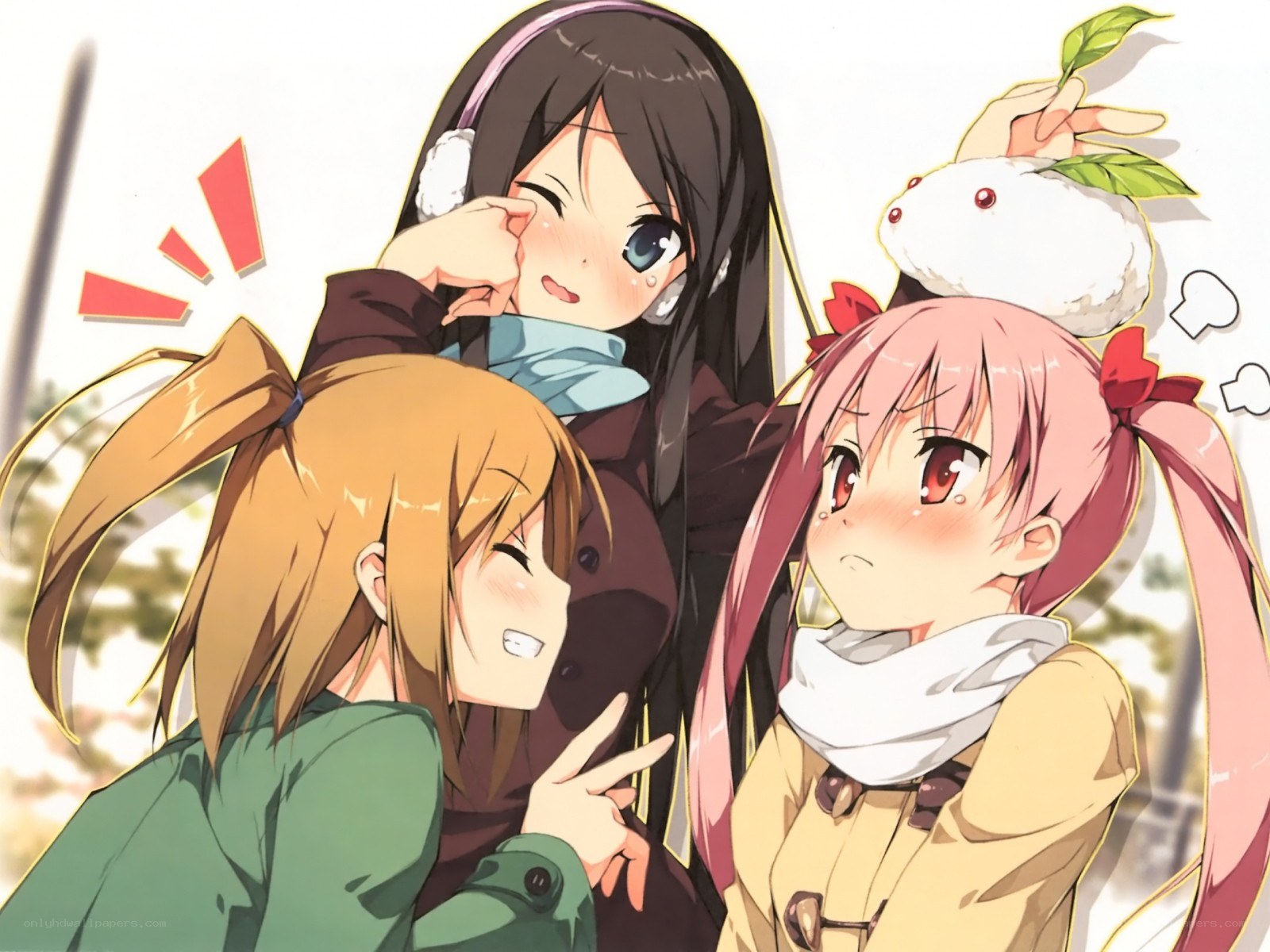 Three anime girls in winter clothes