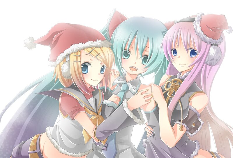 three anime girls in winter outfits