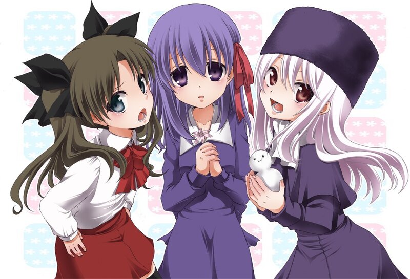 three anime girls in winter outfits