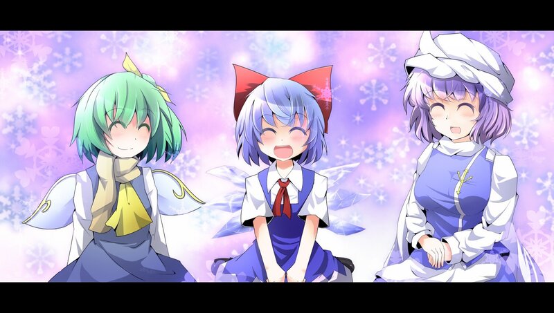 three anime girls in winter outfits