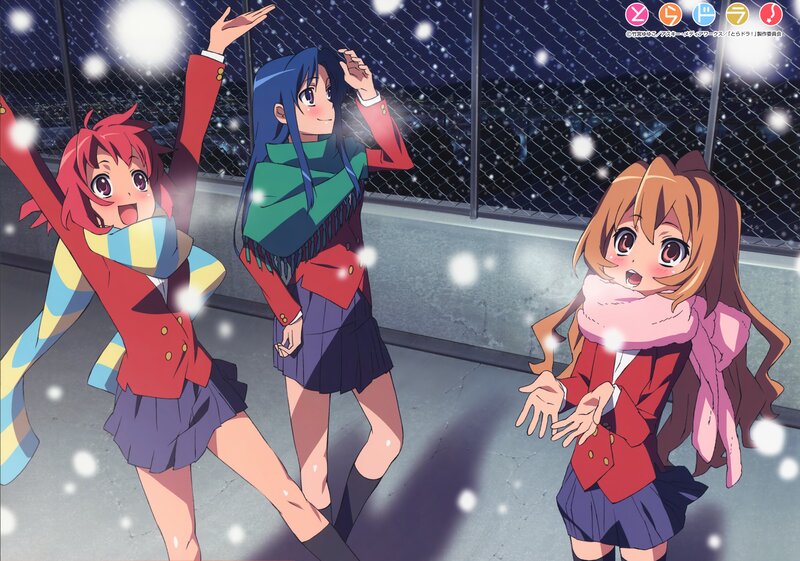 Three Anime Girls in Winter — Red, Playful