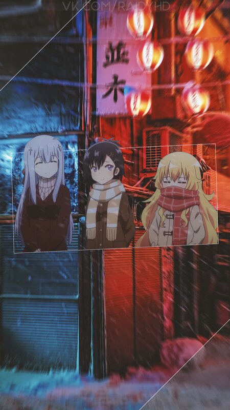 Three Anime Girls in Winter — Red