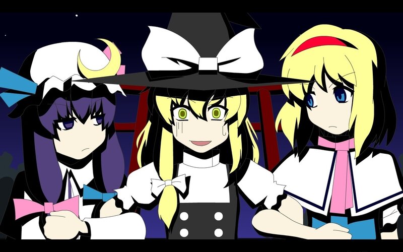 three anime girls in witch costumes