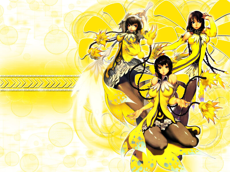 Three anime girls in yellow outfits