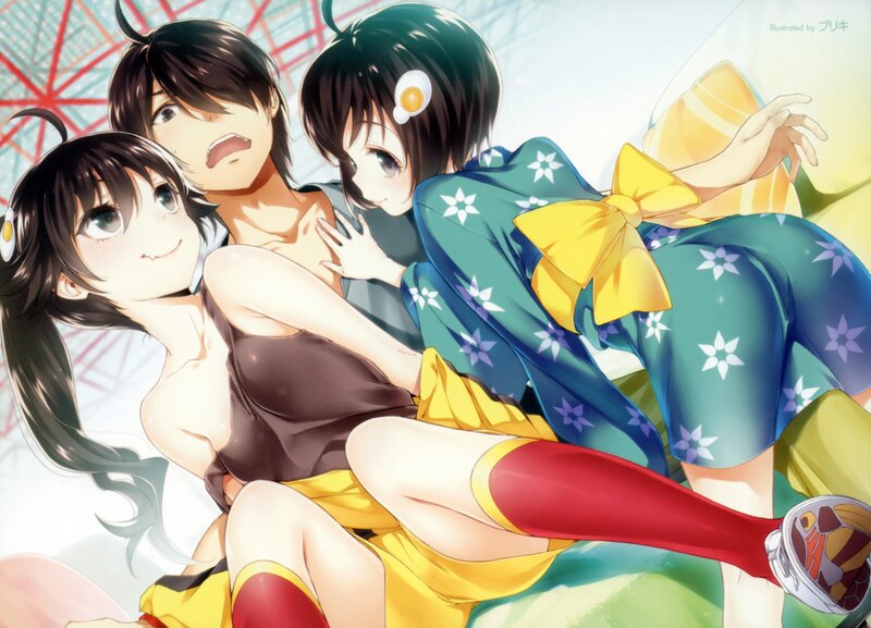 Three Anime Girls in Yukata — Blue