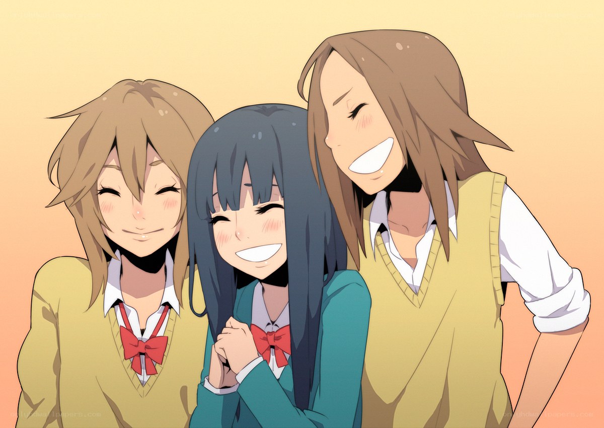 Three anime girls laughing together