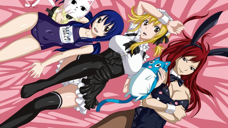Three Anime Girls Lying Down — Pink, Playful