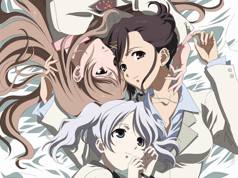 Three Anime Girls Lying Down — White, Relaxed