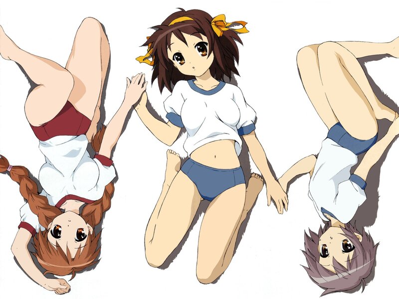 Three Anime Girls Lying Down — White