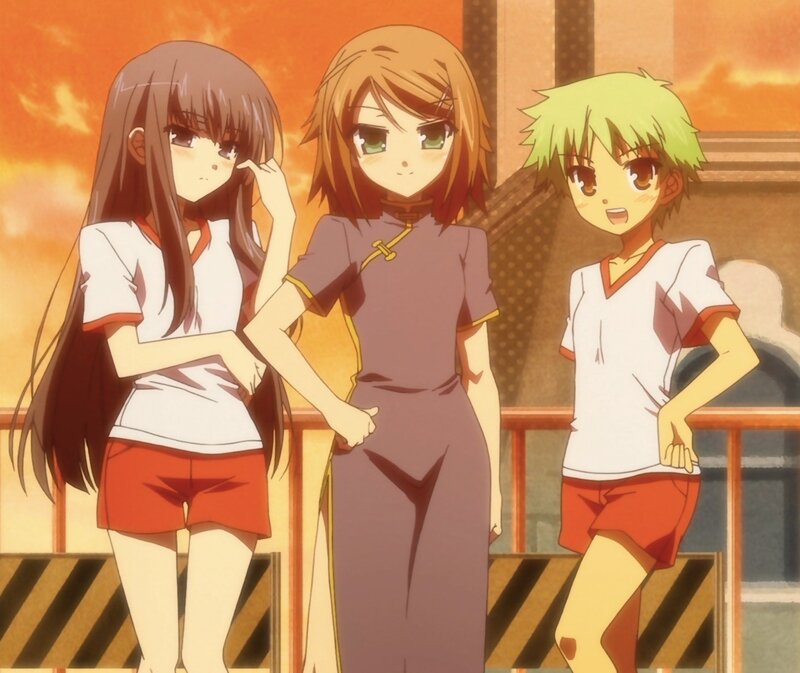 Three anime girls on a balcony