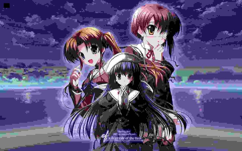 three anime girls on a beach