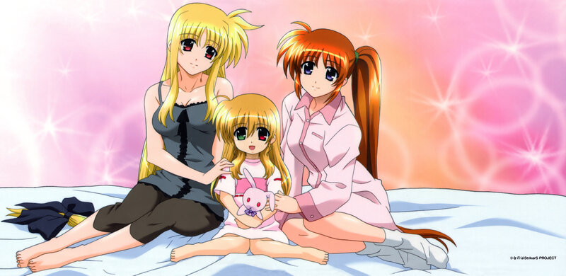 Three anime girls on a bed