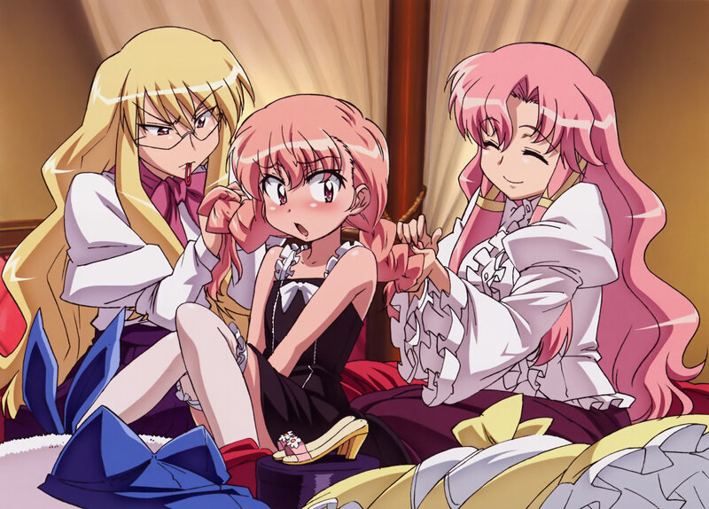 Three Anime Girls on a Bed — Pink, Playful